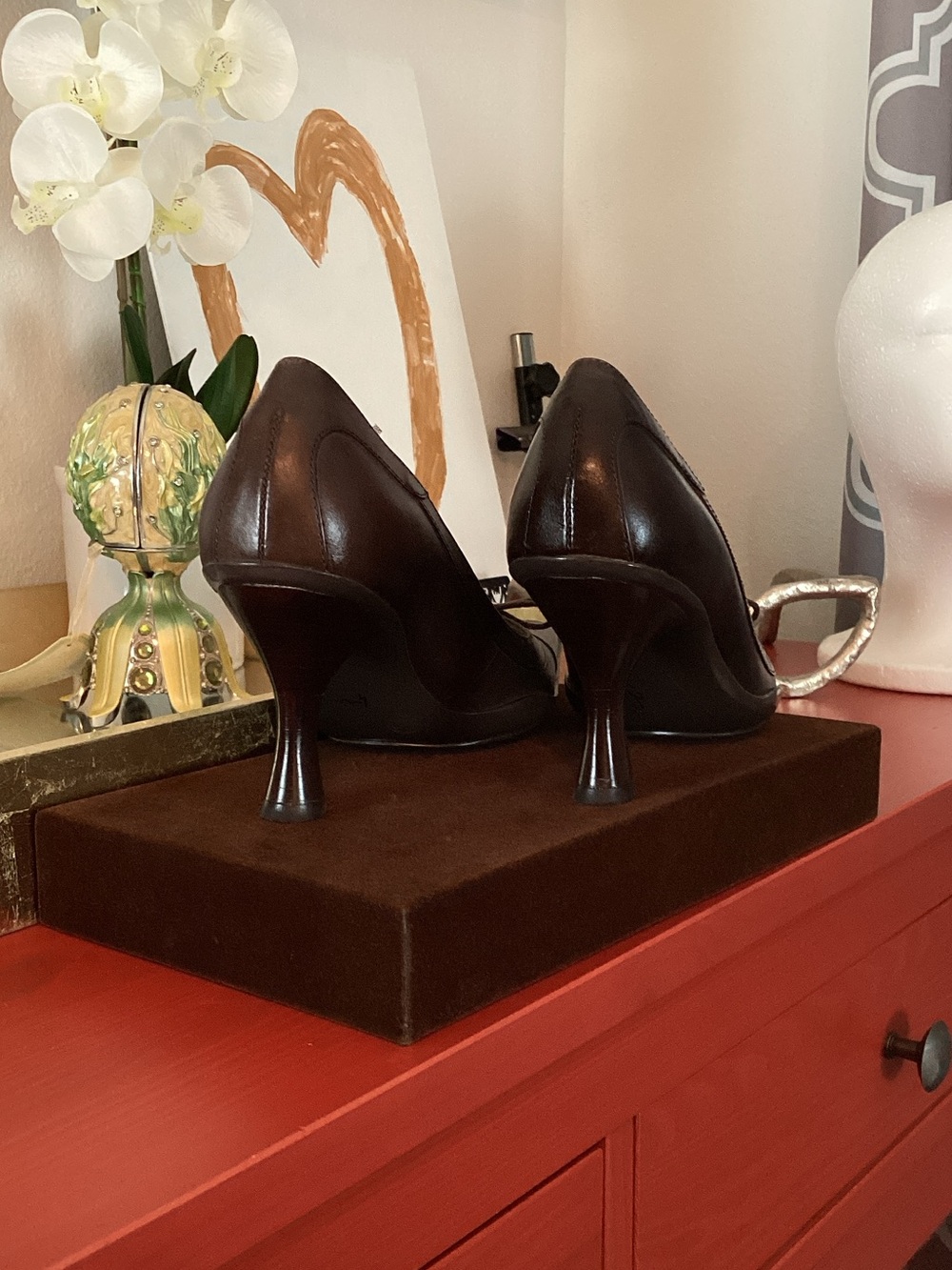 BCBG Dark Brown Leather Square Pointed-Toe Pumps - Picture 6 of 8